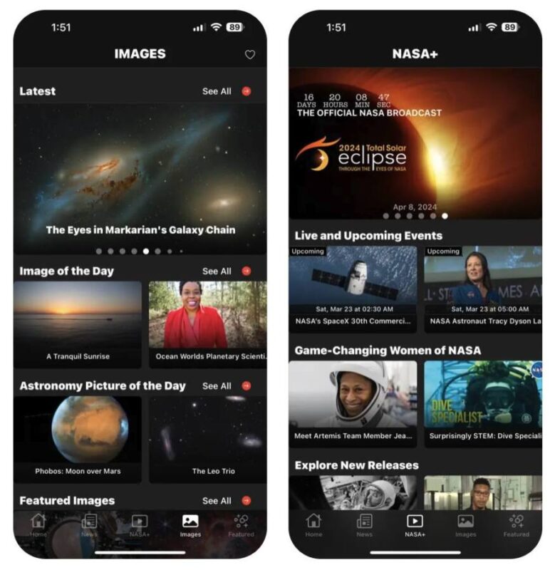 Split Screenshot of NASA app